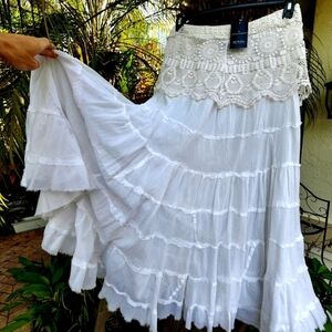 Vintage Boho White Maxi Skirt  Patchwork Upcycled Antique Lace Cotton Magnolia